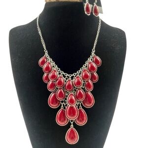 Red teardrop necklace, earrings, and bracelet jewelry set